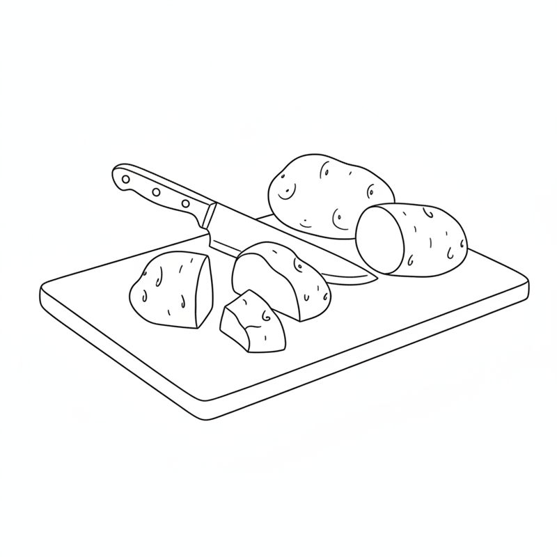 Tres patatas grandes sobre una tabla de cortar; dos están cortadas en trozos grandes con un cuchillo de cocinero y una está entera