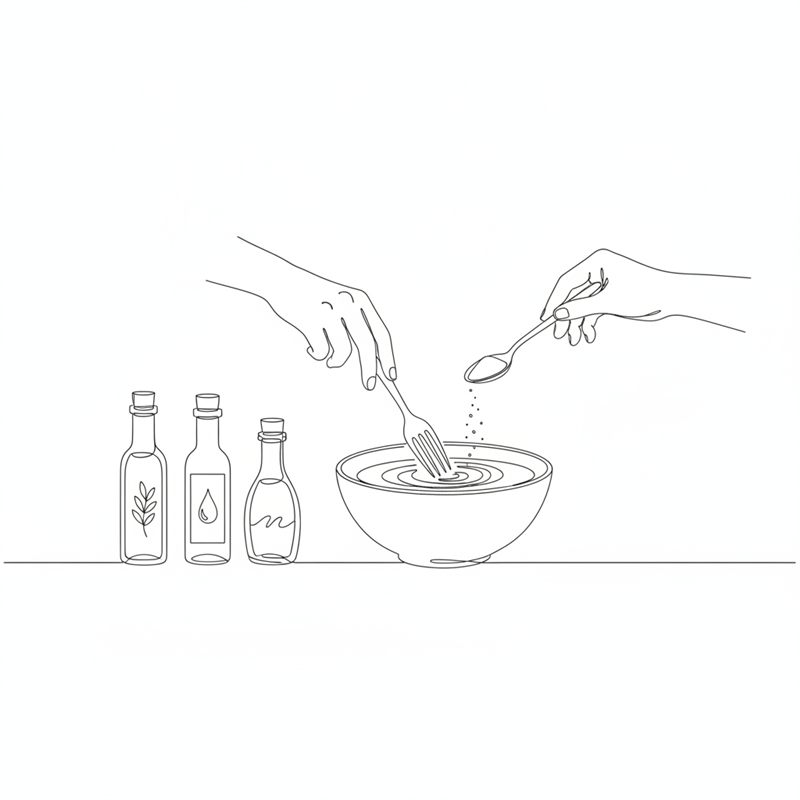 Una mano bate con un tenedor en un cuenco mientras otra mano añade un condimento en polvo con una cuchara; junto al cuenco hay tres botellitas de aceite, vinagre y salsa de soja
