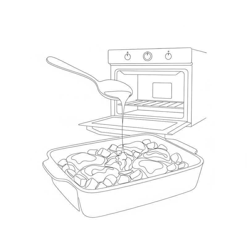 Una cuchara vierte marinada sobre los muslos de pollo y las patatas en una fuente de horno; detrás hay un horno abierto