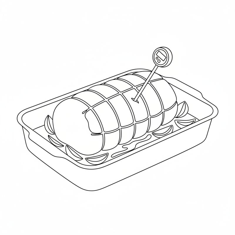 Una pieza de carne atada en una fuente rectangular para horno, rodeada de gajos de cebolla y líquido, con un termómetro de cocina clavado en el centro