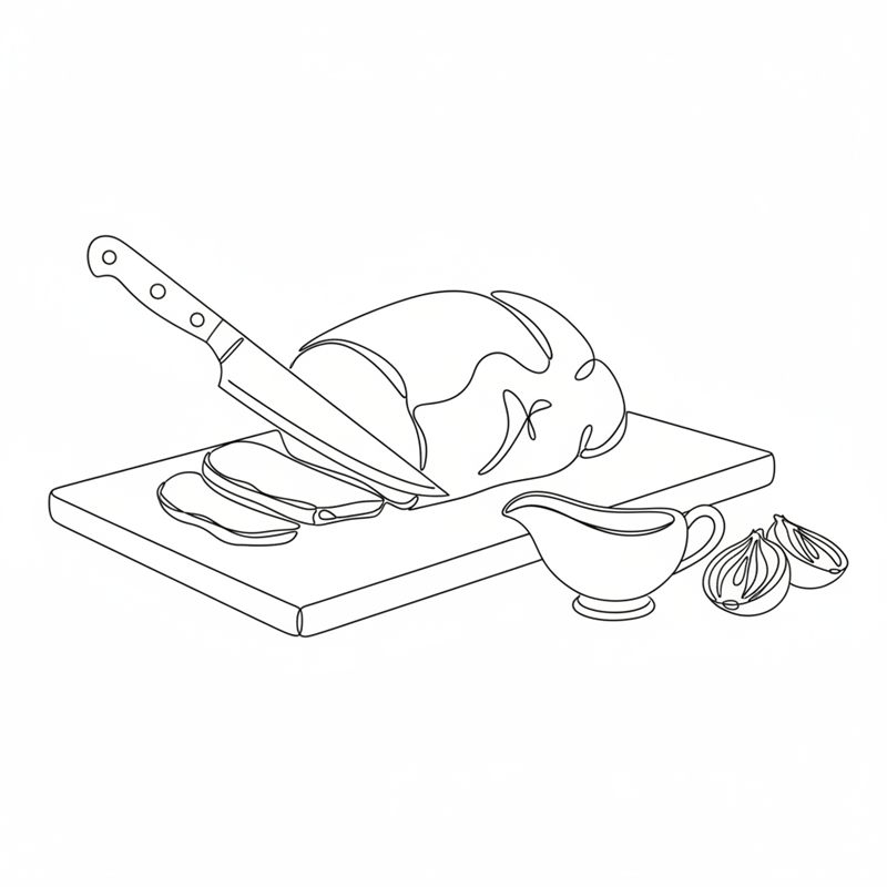 Un cuchillo de cocinero corta lonchas de la carne asada sobre una tabla; delante, lonchas cortadas, y al lado una salsera y cebollas partidas por la mitad