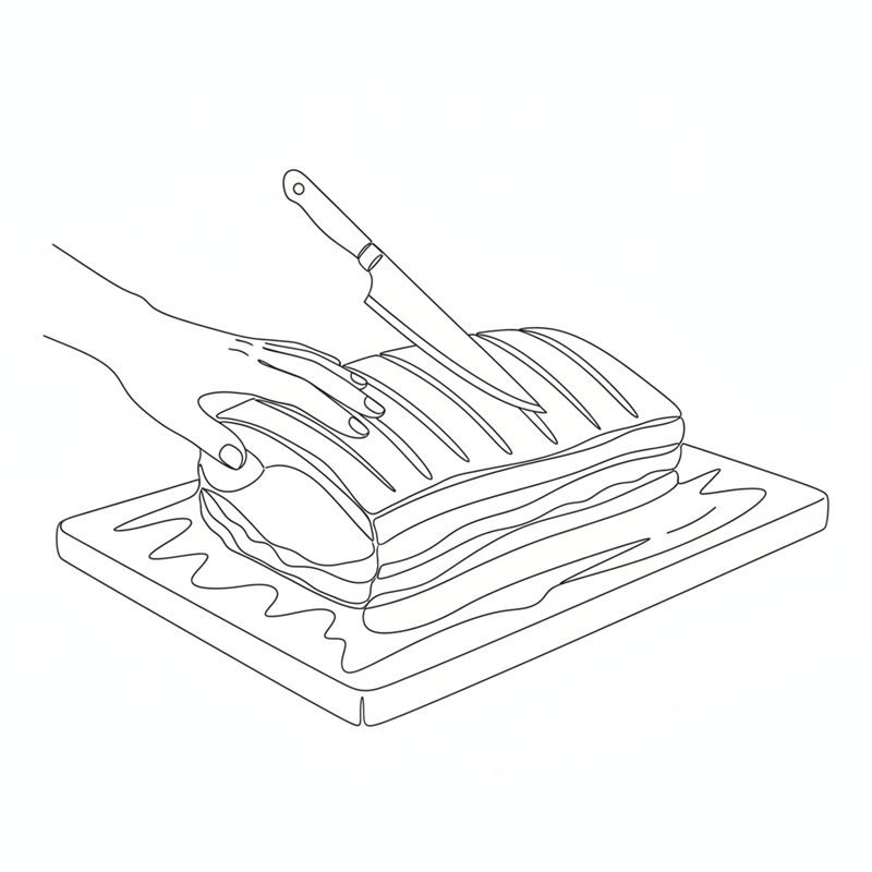 Una mano sujeta un trozo de carne cruda con piel sobre una tabla de cortar mientras un cuchillo hace cortes profundos y paralelos en la piel