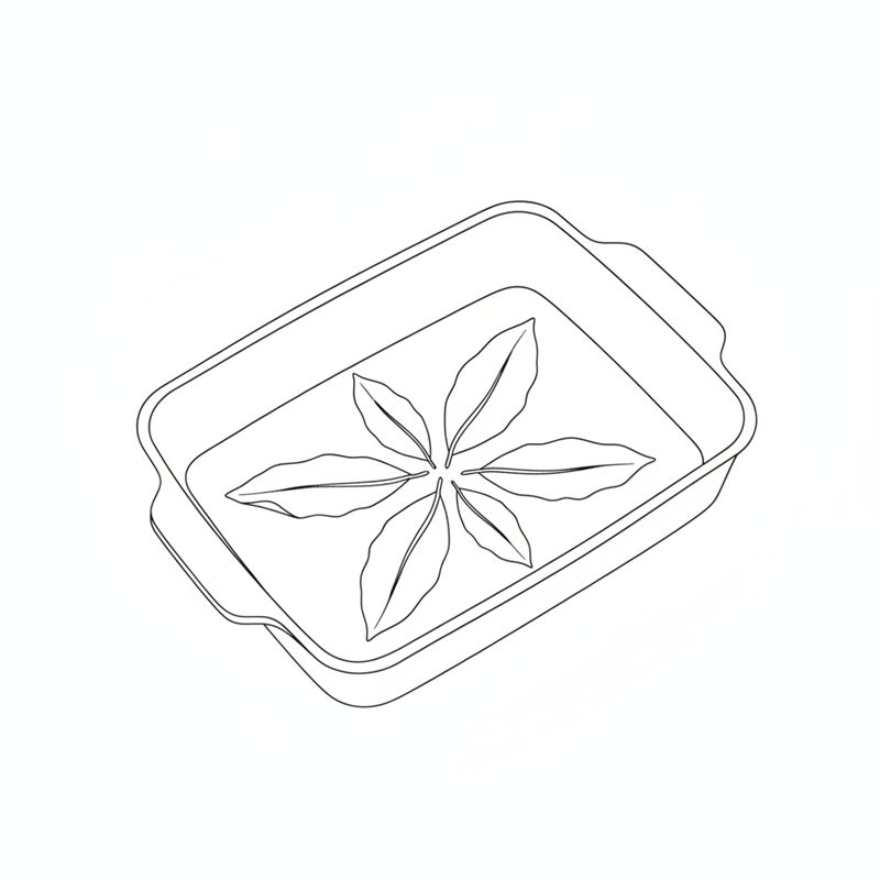 Cinco hojas de laurel grandes colocadas en forma de estrella en el fondo de una fuente de horno rectangular y vacía, con asas
