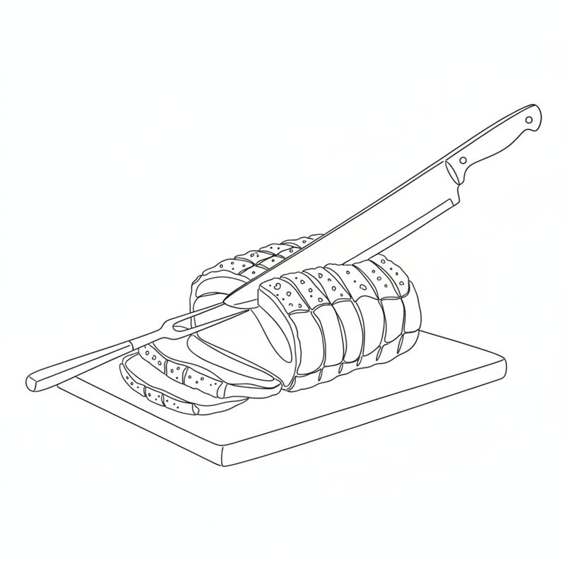 Un cuchillo largo corta en lonchas una panceta asada con la piel cortada, sobre una tabla de cortar; delante hay un par de lonchas ya cortadas