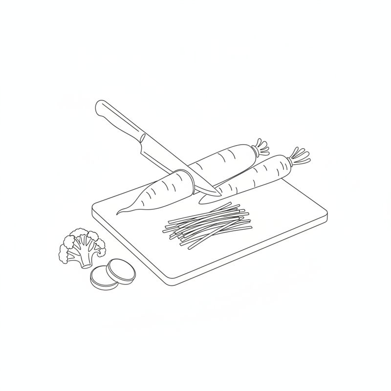 Un cuchillo corta raíces alargadas en tiras finas sobre una tabla de cortar; al lado, un ramillete de coliflor y dos láminas finas.