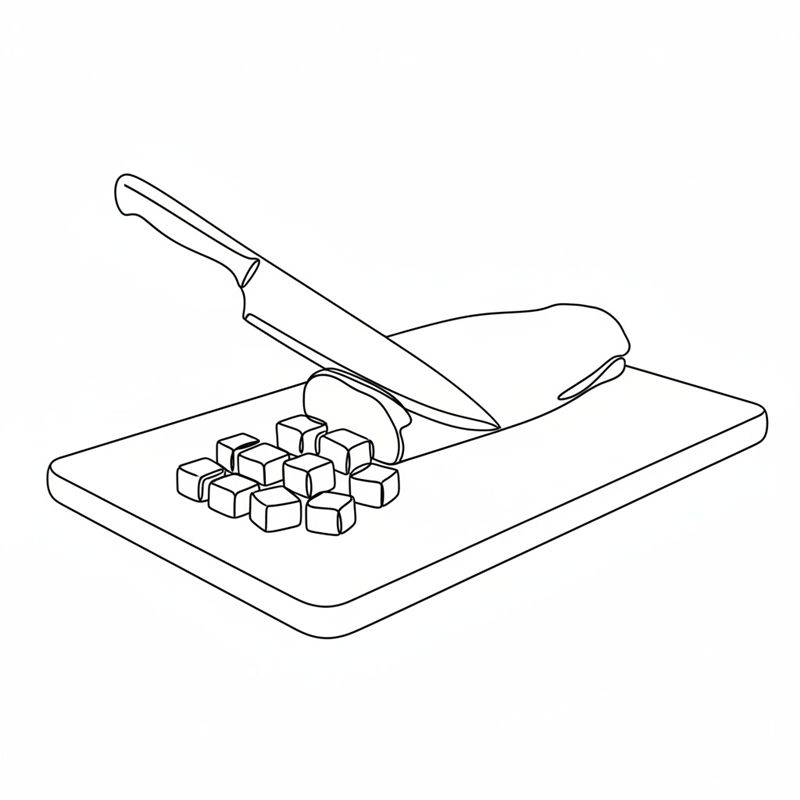 Un cuchillo corta un solomillo entero en dados sobre una tabla de cortar; al lado, un pequeño montón de dados ya cortados