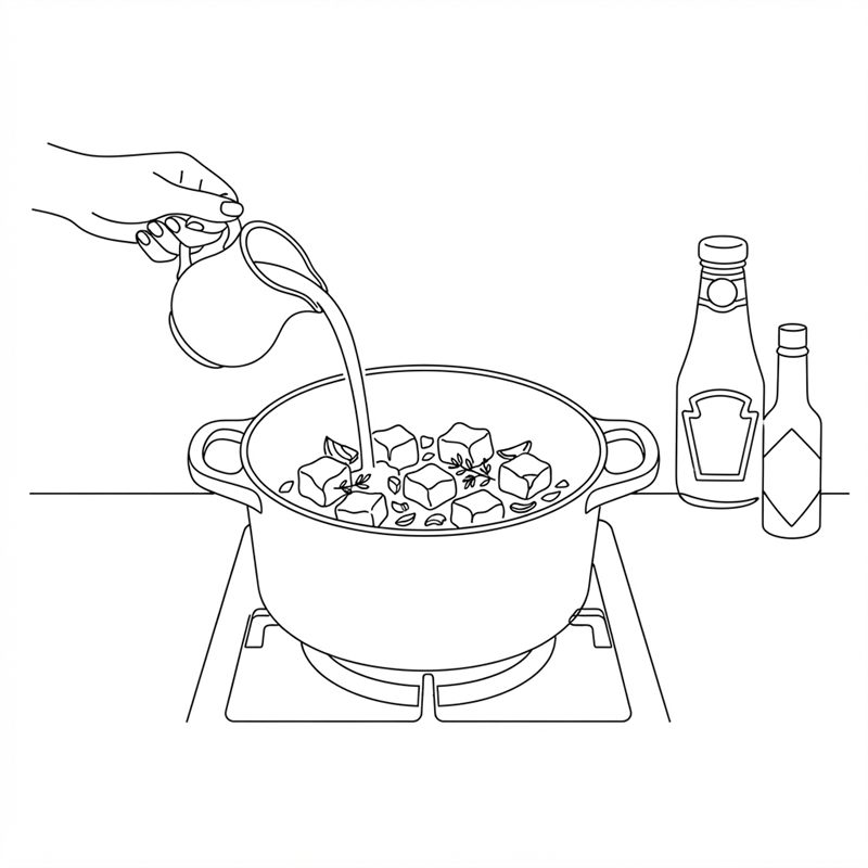 Una mano vierte nata desde una jarrita en la cazuela con los dados de carne; al lado, una botella de ketchup y una botellita de salsa