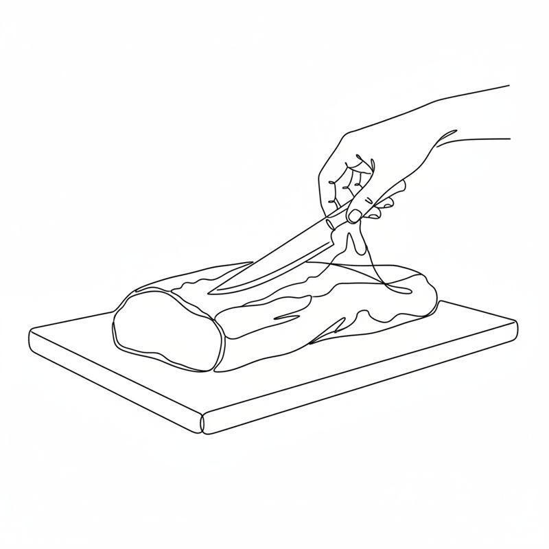 Una mano retira con un cuchillo pequeño la fina telilla plateada de un solomillo de ternera crudo y entero sobre una tabla de cortar