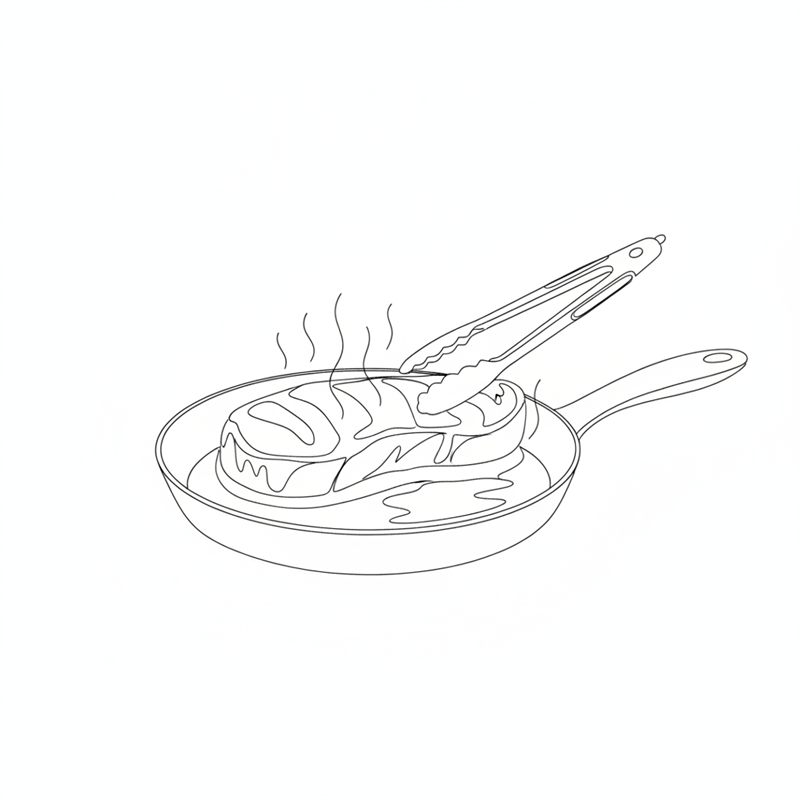 Una pieza de carne se dora en una sartén mientras unas pinzas de cocina le dan la vuelta; sobre la sartén se ven líneas de vapor