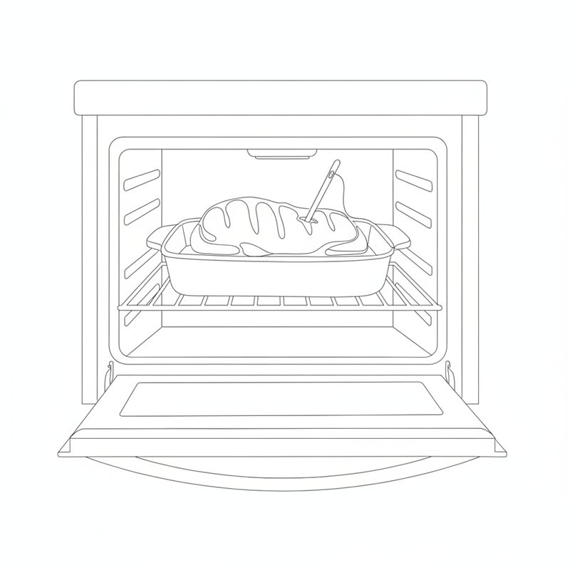 Un solomillo dorado en una fuente rectangular apta para horno sobre la rejilla de un horno abierto, con un termómetro de cocina clavado en la carne