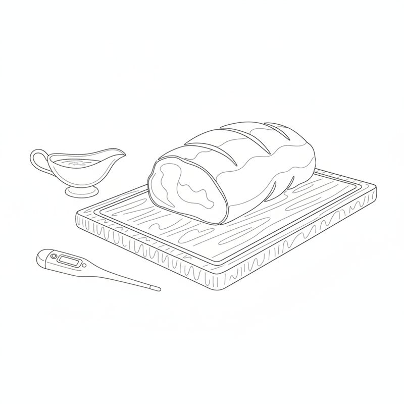 Un solomillo entero asado reposa sobre una tabla de cortar; al lado hay una salsera y un termómetro de cocina digital