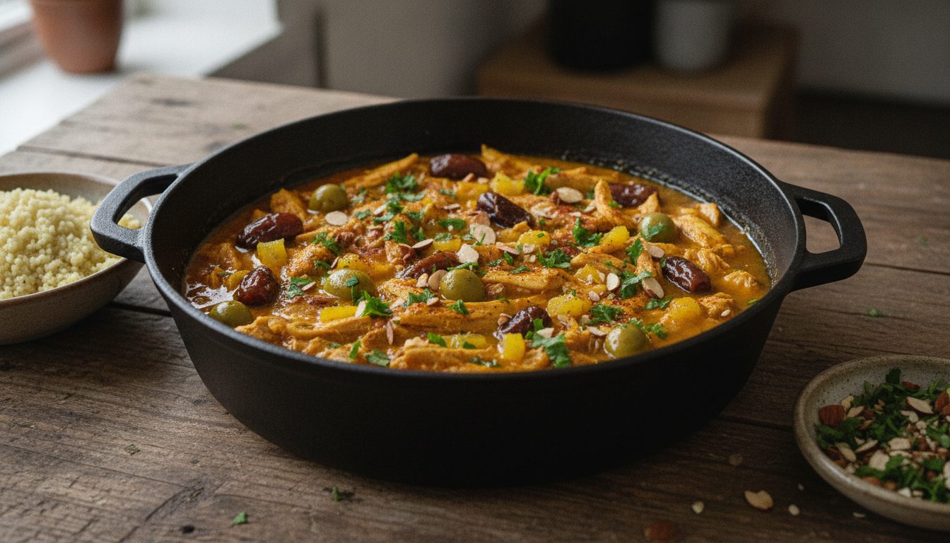 Una cazuela negra de hierro fundido con dos asas sobre una mesa rústica de madera; dentro, tiras de pollo en una salsa brillante de color naranja dorado con dátiles marrón oscuro, aceitunas verdes, trocitos amarillos de limón en conserva, perejil picado y almendra laminada; a la izquierda un cuenco de cuscús y abajo a la derecha un cuenquito con perejil y almendras picados; luz de ventana y una cocina desenfocada al fondo