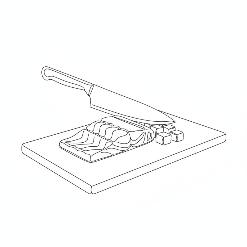 Un cuchillo de cocinero corta un lomo de salmón en dados pequeños sobre una tabla de cortar; al lado, un montoncito de dados