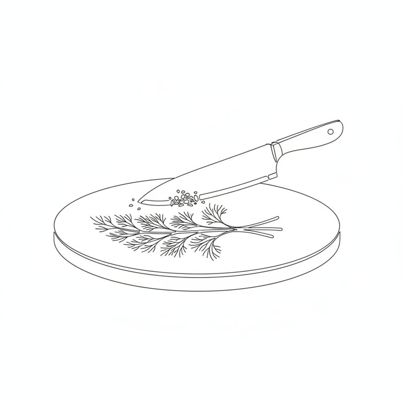Un cuchillo de cocinero sobre ramitas de eneldo y unos pocos granos de pimienta en una tabla de cortar redonda