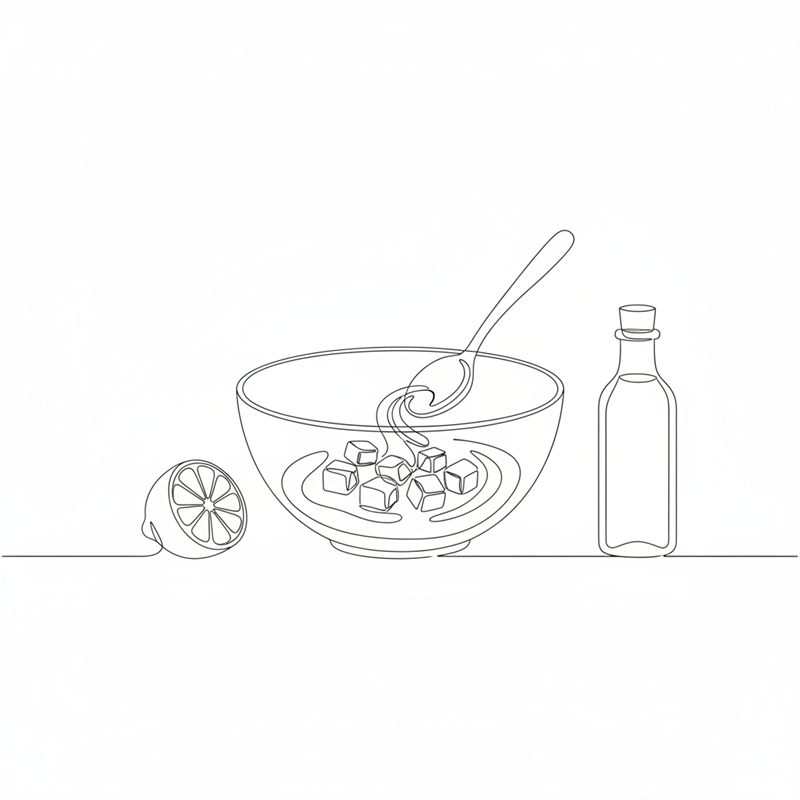 Una cuchara mezcla los dados de salmón con la marinada dentro de un bol; al lado, medio limón y una botella de aceite de oliva